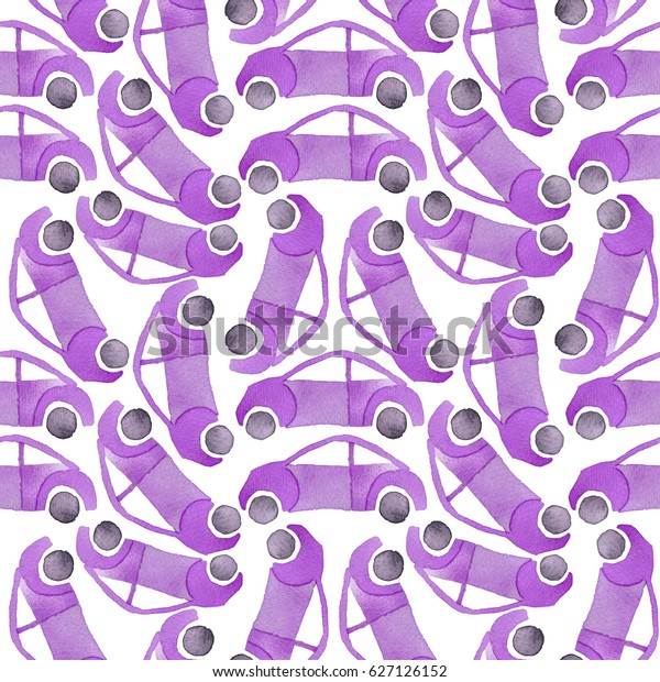 Seamless pattern\
made of cute toy-cars, painted with watercolor in cartoon style,\
isolated on white\
background.