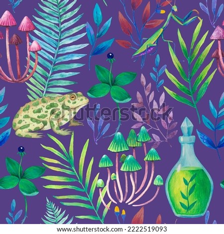 Seamless pattern with magic fantasy elements, magical plants, animals and mushrooms. Colorful illustration with psychedelic colors.