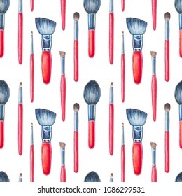 Seamless Pattern With Make Up Red Brushes. Watercolor Illustration.