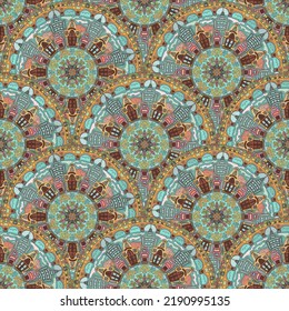 Seamless Pattern With Mandala Style Drawing Of An Abstract City With Variety Of Colors, Background And Texture