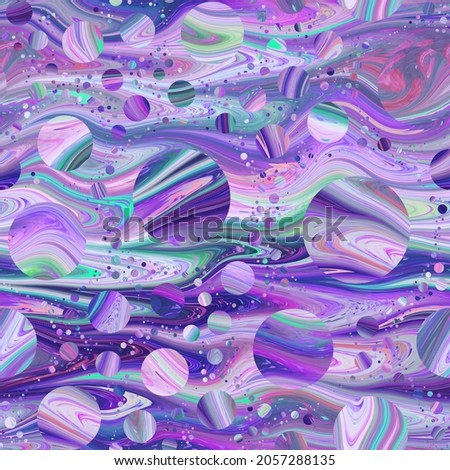 Seamless pattern of marbled orbs that gives a dreamy fantasy mysterious feel. High quality illustration. Detailed ornate packed circle textile print. Spectacular bizarre space planet wallpaper design.