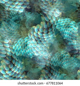 Seamless pattern marine design. Magic background with mermaid scale and watercolor effect. Textile print for bed linen, jacket, package design, fabric and fashion concepts.
