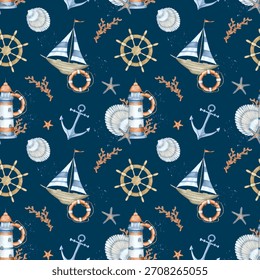 Seamless pattern with marine elements on a blue background. Lighthouse, sailboat, seashells, starfish, corals, anchor, ship's rudder, watercolor spray. For fabric, printing, children's room, wallpaper