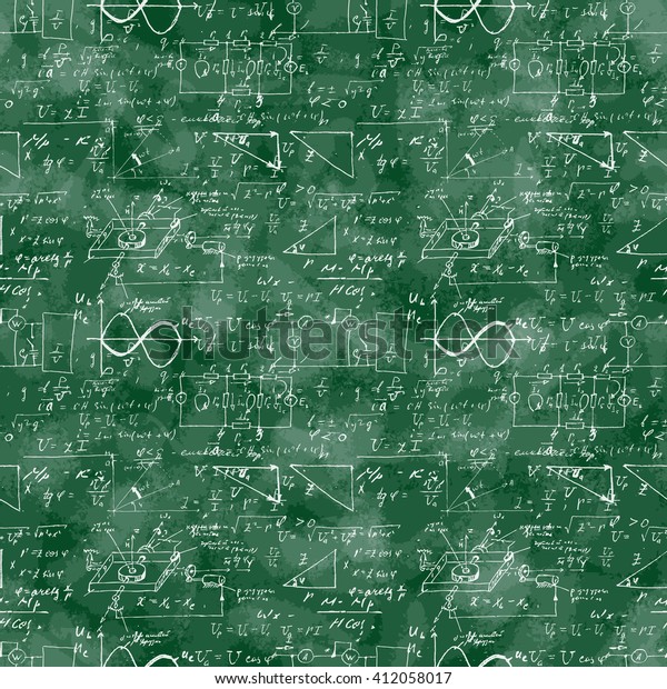 Seamless pattern of mathematical operation and\
equation, endless arithmetic pattern on seamless green chalk\
boards. Handwritten calculations. Geometry, math, physics,\
electronic engineering\
subjects.