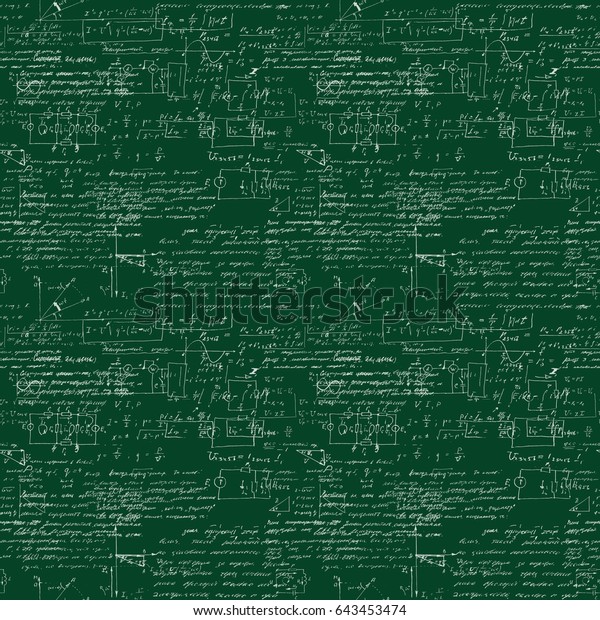 Seamless pattern of mathematical operation and\
equation, endless arithmetic pattern on seamless green chalk\
boards. Handwritten lesson. Geometry, math, physics, electronic\
engineering\
subjects.