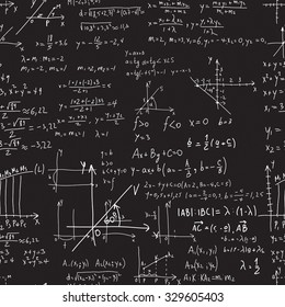 Seamless pattern of mathematical operations and elementary functions, endless arithmetic on not seamless chalk boards. Handwritten solutions. Geometry and mathematics subjects. Lectures.
