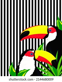 Seamless pattern of mature brazilian toucan bird cartoon animal design flat vector illustration on white background with green leaves