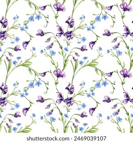 Seamless pattern meadow watercolor flowers hand painted floral design botany wedding invitation sweet peas, forgive me nots, daisy flowers tiny blossom textile wrapping paper illustration repeatable.  - Powered by Shutterstock