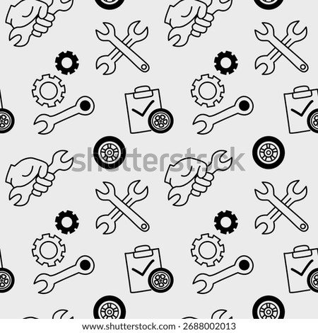 Seamless pattern with mechanic tools, gears and wheels for car service background
