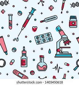 Seamless pattern with medical laboratory equipment. Backdrop with attributes of medicine, biomedicine, clinical trial, research and experiment. Vector illustration in line art style for wallpaper. - Powered by Shutterstock