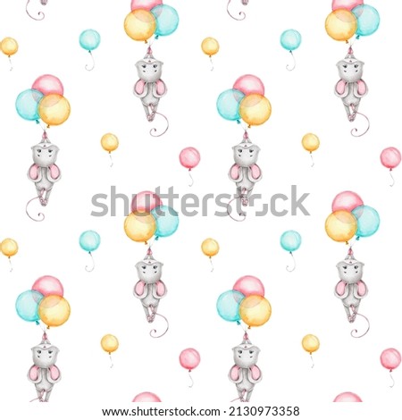 Seamless pattern with mice and colored balloons; watercolor hand drawn illustration; with white isolated background