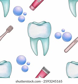 Seamless Pattern Mint Kawaii Tooth and Toothpaste with Toothbrush and Bubble Big Design on White Background