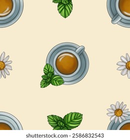 Seamless Pattern Mint Tea and Chamomile Tea with Fresh Mint and Chamomile Big Design on Pastel Yellow Background - Powered by Shutterstock - Get 15% off with code: PIKWIZARD15