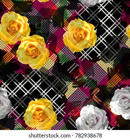 Seamless pattern mixed design. Creative background with tartan stripes, flowers and watercolor effect. Textile print for bed linen, jacket, package design, fabric and fashion concepts.