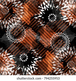 Seamless pattern mixed design. Creative background with tartan stripes, mandalas and watercolor effect. Textile print for bed linen, jacket, package design, fabric and fashion concepts.