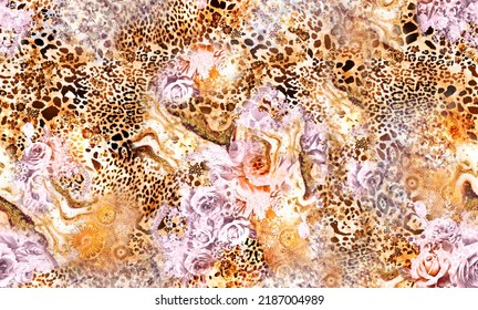 Seamless Pattern With Mixed Leopard Skin, Roses For Textile Print, Wallpaper. 