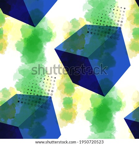 Seamless pattern modern art design. Watercolor effect. Creative background with 3d cubes, dots and paints. Textile print for bed linen, jacket, package design, fabric and fashion concepts.