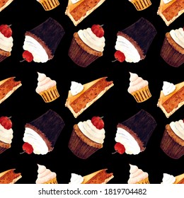 Seamless pattern with muffin and cupcake on black background. Watercolor illustration