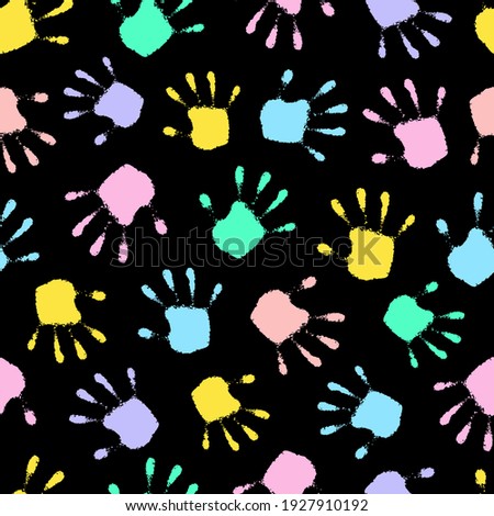 Seamless pattern. Multicolored handprint. Joyful hand print. Funny background. Handprint baby. Colorful backdrop. Modern track hand. Happy imprint stamp palm. Pretty prints wallpaper. Illustration
