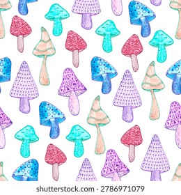 seamless pattern multicolored mushrooms