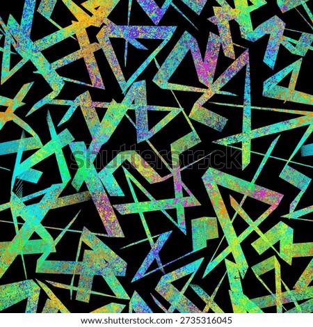 Seamless pattern of multicolored polylines, corners and zigzags on a black background