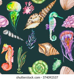 A seamless pattern with the multicolored seahorses, jellyfish, shells and seaweed (algae) painted in a watercolor on a dark blue background