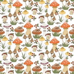 Seamless Pattern With Mushrooms. Flat Style For Kids. Hand Drawing. Baby Design For Fabric, Print, Wrapper
