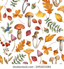 Seamless pattern with mushrooms, leaves hand drawing, digital botanical background. Autumn design. - Powered by Shutterstock