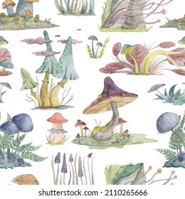 Seamless Pattern With Mushrooms, Plants, Fungi, Lichen And Moss. Decorative Fantasy Floral Elements Set. Watercolor  Illustration