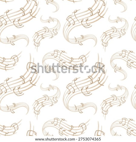 Seamless pattern of music stand with stylized beige-colored notes in a winding composition as a symbol of a song played from a turntable.Hand drawn watercolor illustration on white background