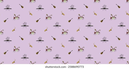 Seamless pattern with musical instruments on a pastel background. Features guitars, saxophones, keyboards, and drum sets, perfect for music-themed designs and textiles.