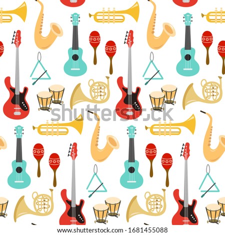 Seamless pattern with musical instruments on the white background. 
