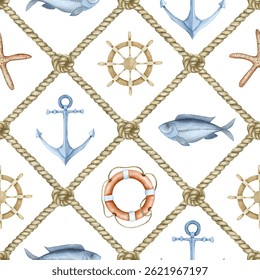 Seamless pattern with nautical elements. Watercolor illustration for fabric, cover, packaging, wrapping paper, textiles.