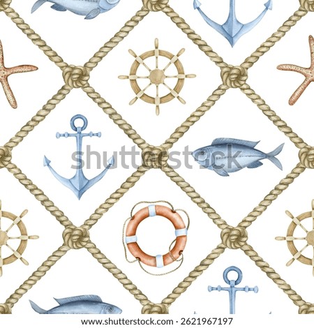 Seamless pattern with nautical elements. Watercolor illustration for fabric, cover, packaging, wrapping paper, textiles.