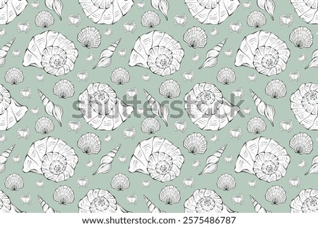 Seamless pattern in nautical style. White shells on a gray background. Hand drawn illustration in line art style. Drawn in black ink in sketch style. Design for packaging, textile, wallpaper