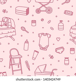 Seamless Pattern With Newborn Baby Care Products, Nursery Supplies Or Tools For Infant Child Drawn With Contour Lines On Pink Background. Monochrome Illustration In Modern Lineart Style