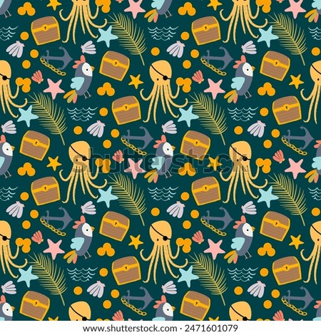Seamless pattern for nursery. Treasure chest, octopus, palm leaf, anchor, waves, stars, coins, octopus, parrot. Pirates backdrop. Children's print. Perfect for wallpaper, wrapping, stationary, textile