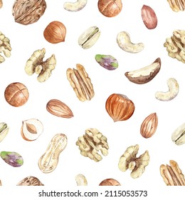 Seamless pattern with nuts. Raw pecan, walnut, almond, pistachio, peanut, macadamia, hazelnut and cashew. Hand drawn watercolor illustration of organic food for packaging, label, card.