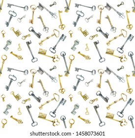 Seamless pattern. Old forged keys and locks. Watercolor hand drawn illustration