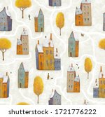Seamless pattern with old houses and trees. Hand painted illustration for children.