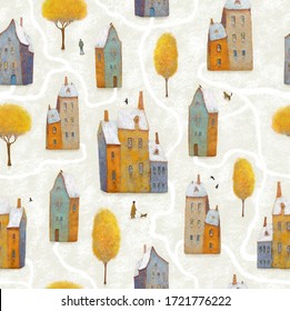 Seamless pattern with old houses and trees. Hand painted illustration for children.