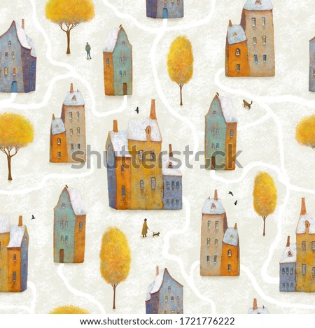 Seamless pattern with old houses and trees. Hand painted illustration for children.