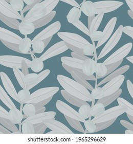 Seamless pattern of olive branches and olives. Color image with pencil texture. A natural illustration. Design of wallpaper, fabrics, textiles, packaging, gift paper, weddings.
