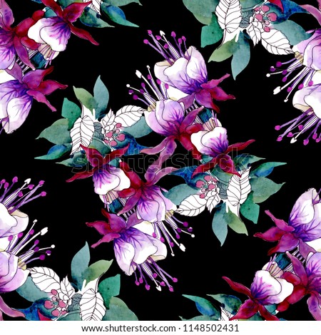 Seamless pattern on black background with purple flowers and hand-drawn leaves of watercolor for invitations