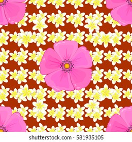 Seamless pattern on a brown background. Pattern with many cute flowers. Watercolor painting of abstract motley flowers.