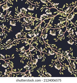 Seamless pattern on a dark background consists of intertwining tree branches with pale pink flowers and green leaves. Painted by hand in watercolor. Perfect for textiles, wallpaper, wrapping paper.
