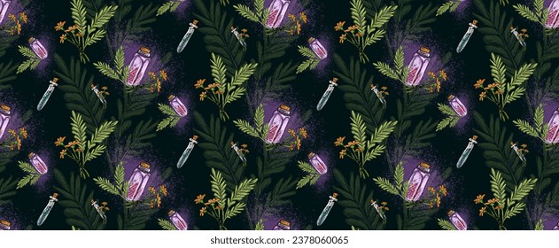 Seamless pattern on the dark background with glass bottle and leaf elements