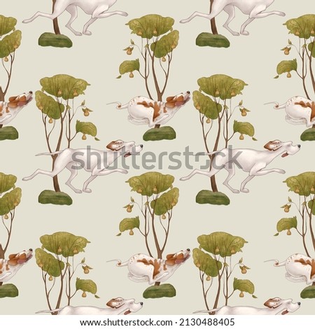 Seamless pattern on a light green background. Hound dogs run through the forest, hunt.