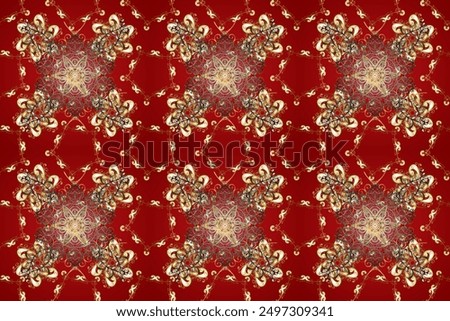 Seamless pattern on red, beige colors with golden element. Brilliant lace, stylized flowers, paisley. Openwork delicate golden pattern. Raster. Oriental style arabesques. Seamless golden texture curls