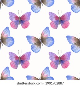 
Seamless pattern on a white background. Watercolor illustration of a butterfly. Textile. Postcard.